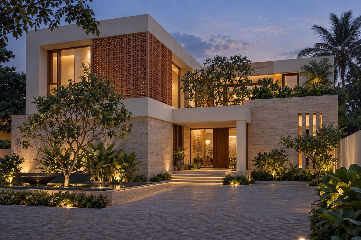 Sculptural contemporary home with a terracotta screen and warm evening light