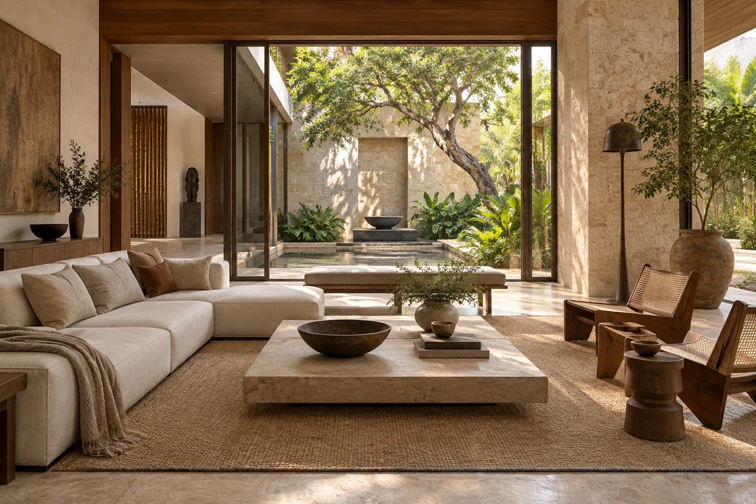 Calm, sunlit living room with natural textures